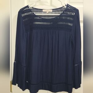 LOFT Navy Blouse with Crochet Detail